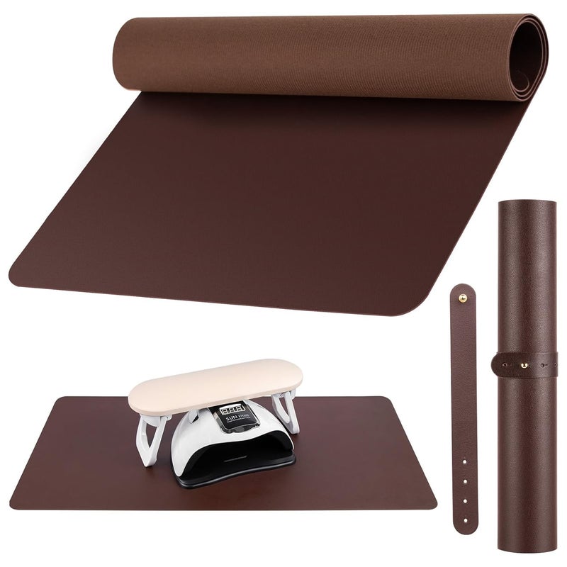BELOVING Nail Art Table Mat, (MAT ONLY) Foldable Nail Arm Hand Rest Mat for Nail Tech, Soft Microfiber PU Leather Nail Desk Mat for Manicure Pillow, Nail Polish Desk Pad for Nail Tech Must Haves - Dark Brown - Image 1
